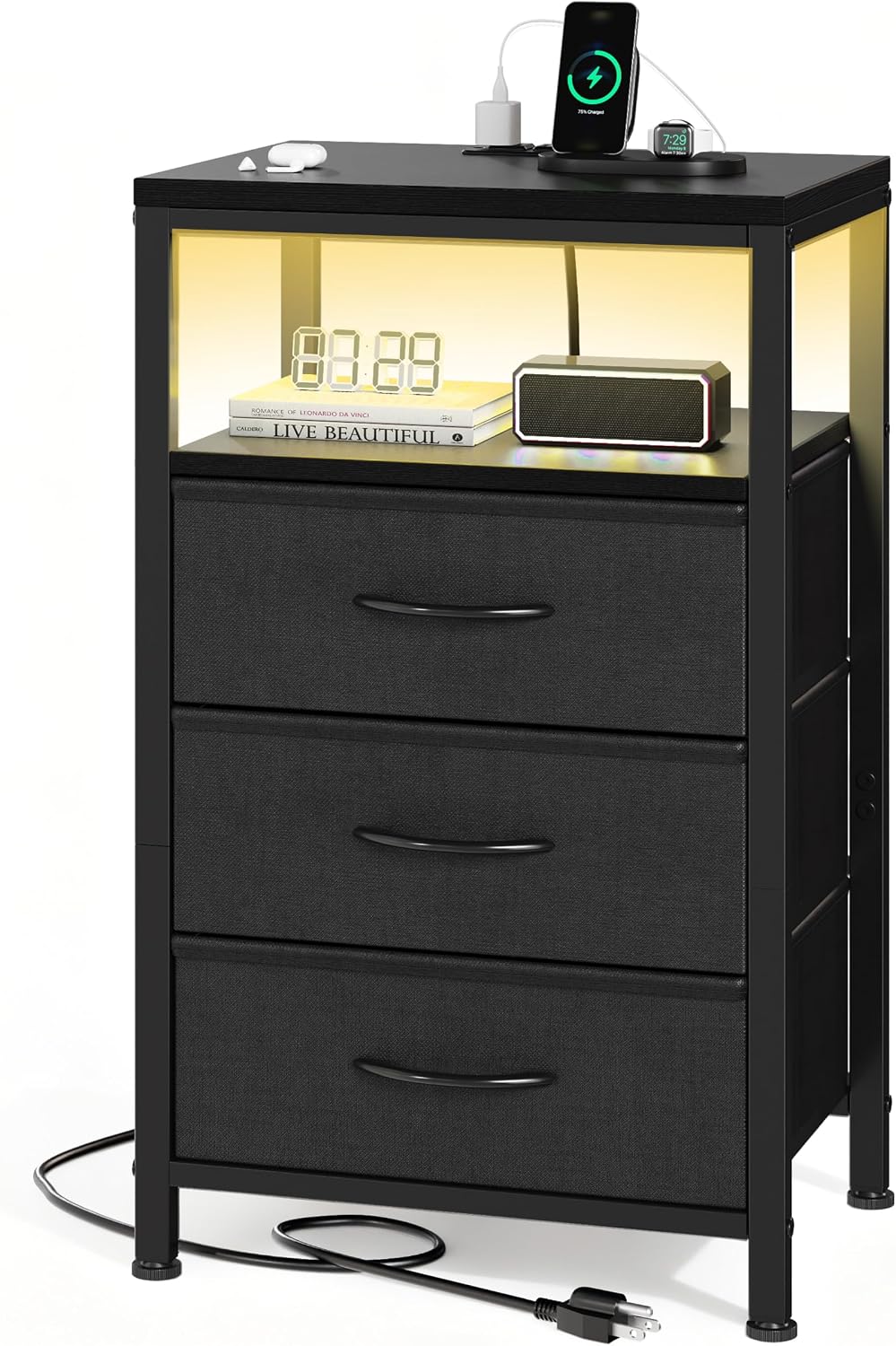 Sweetcrispy Nightstand with Charging Station 3 Fabric Drawers Bedside Table | Night Stand with USB Type-C Ports, AC Outlets & Dimmable LED Light Strip, Modern Black Bedroom End Table