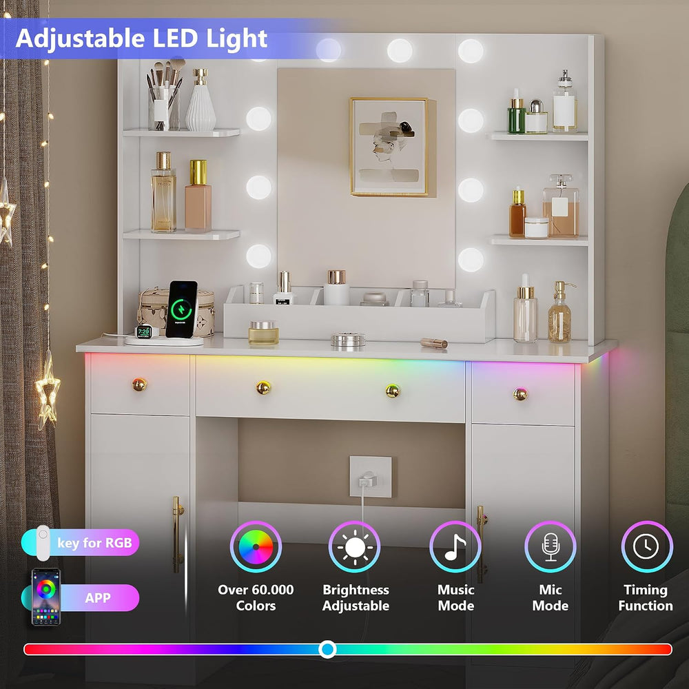 HUANLEGO Vanity Desk with Mirror and Lights, Makeup Vanity with Mirror and LE...