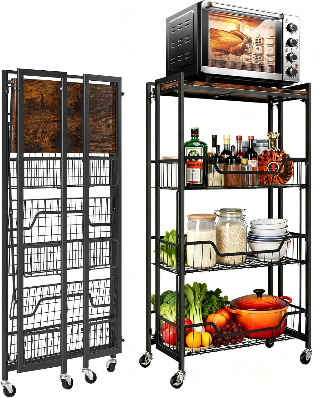 Garvee Large 4-Tier Foldable Storage Cart with Lockable Caster - 100Lbs Loadi...