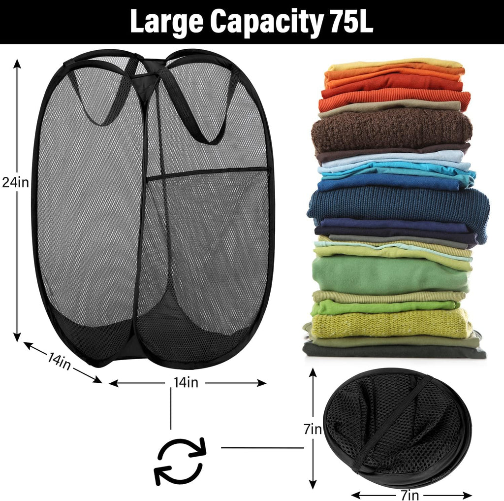 BATTOO Deluxe Strong Mesh Pop up Laundry Hamper Basket with Side Pocket for Laundry Room, Bathroom, Kids Room, College Dorm or Travel 2 Pack Black