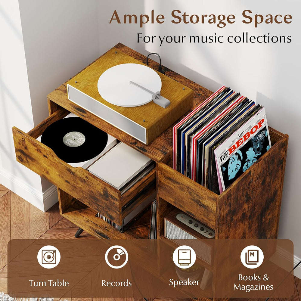 LOKO Record Player Stand with Charging Station, Vinyl Record Holder with Remo...