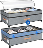 Under Bed Storage with Wheels, 72L XXL Under the Bed Storage Containers Large, 10‘’ Tall Adjustable Storage for Underbed with Lids, Rolling for Shoes, Clothes, Blankets, Grey