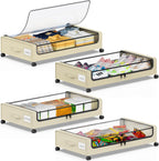 Beborxue Under Bed Storage with Wheels, 4-Pack Under Bed Storage Containers with Clear Lids, XXL 60L Under Bed Shoe Storage Organizer, Rolling Underbed Storage for Clothes, Shoes, Blankets (Beige)