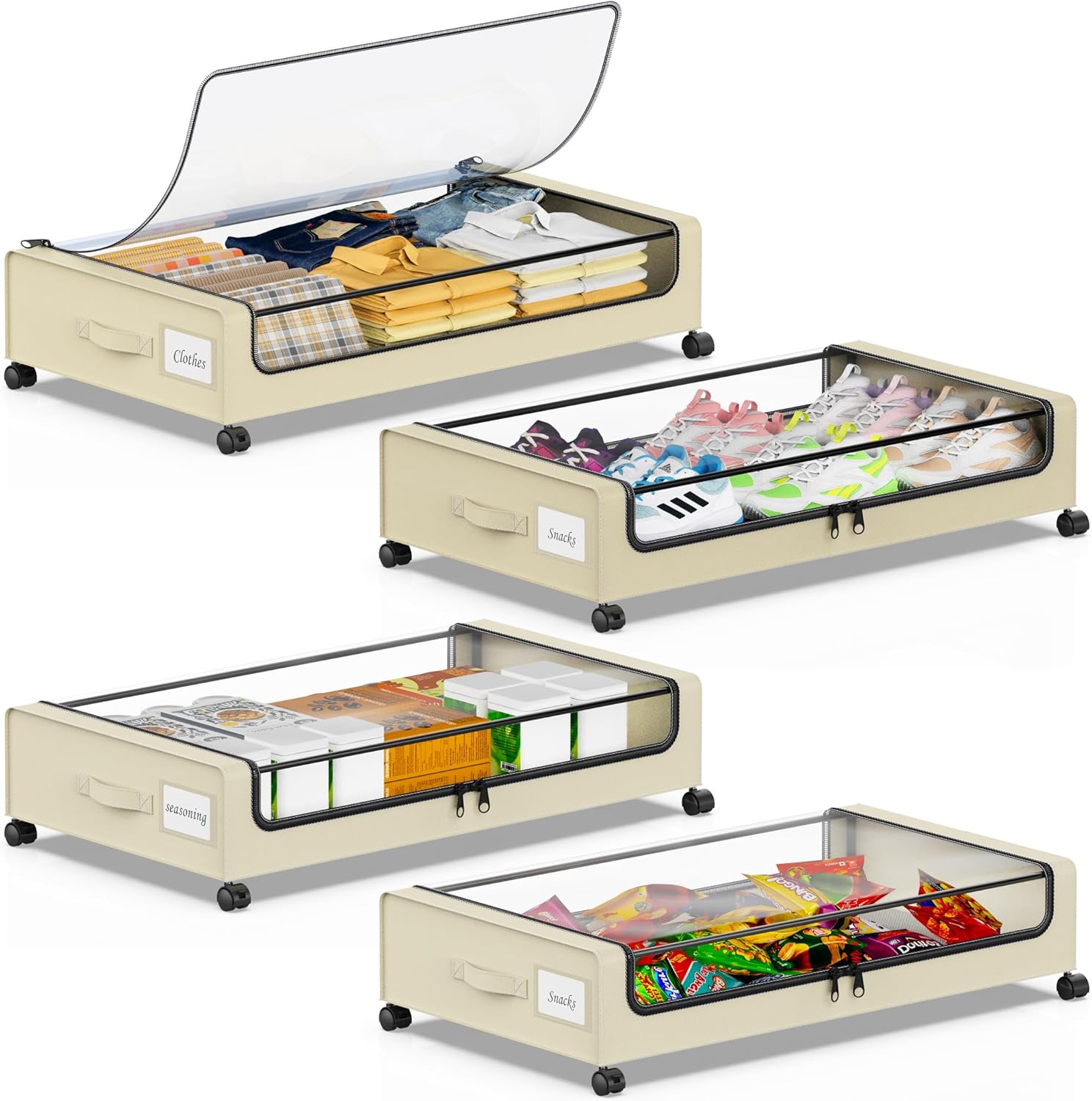 Beborxue Under Bed Storage with Wheels, 4-Pack Under Bed Storage Containers with Clear Lids, XXL 60L Under Bed Shoe Storage Organizer, Rolling Underbed Storage for Clothes, Shoes, Blankets (Beige)
