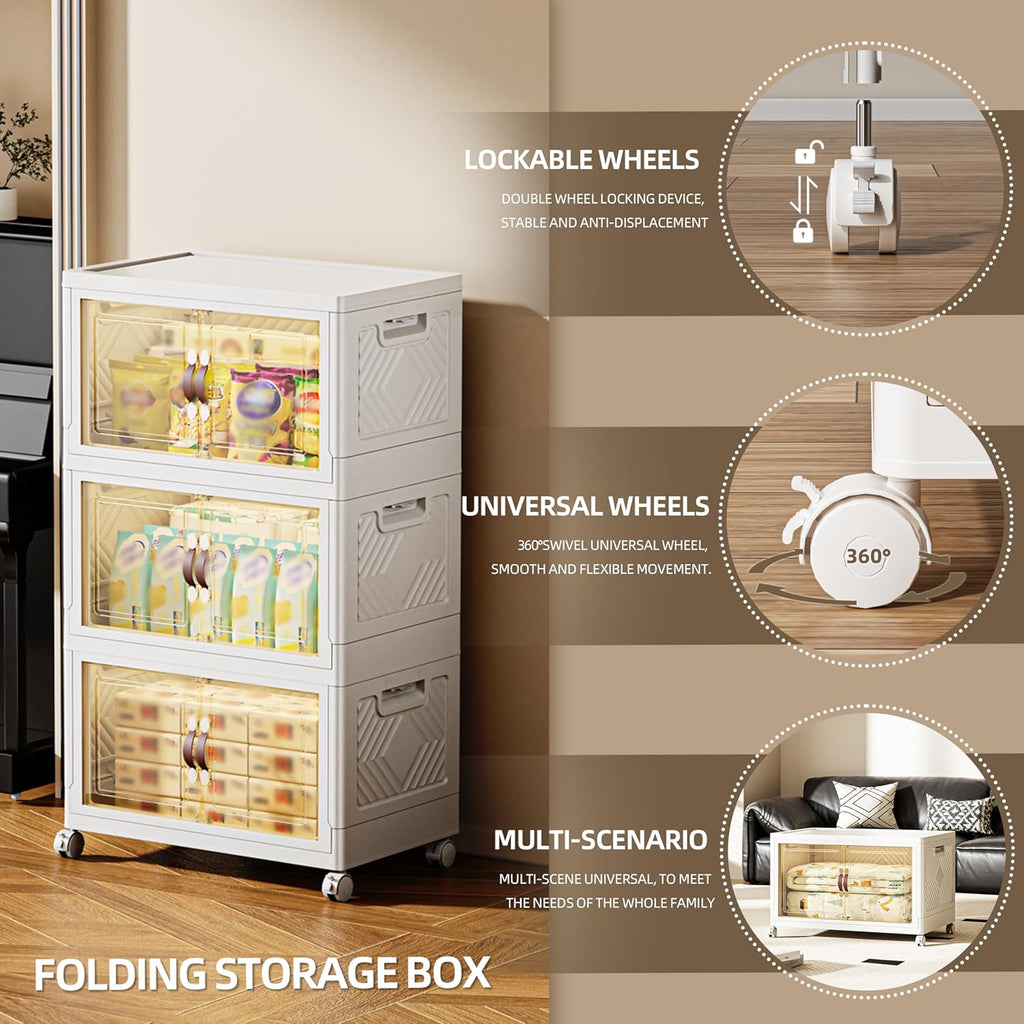 252 QT / 63 Gal Magnetic Door Storage Bins Collapsible Stackable w/1 Lid, Heavy Duty Plastic Cabinet with Wheels for Home Office Organization (White)