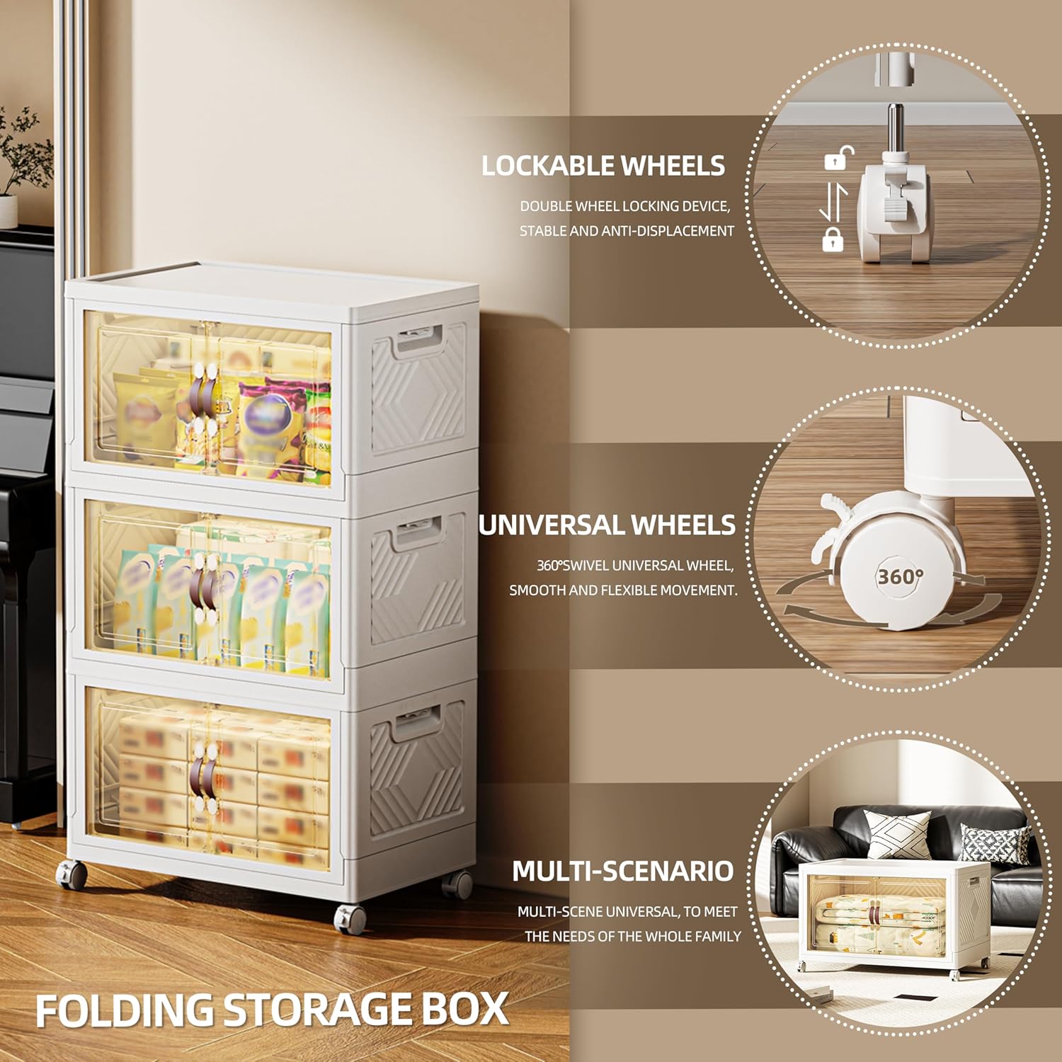 252 QT / 63 Gal Magnetic Door Storage Bins Collapsible Stackable w/1 Lid, Heavy Duty Plastic Cabinet with Wheels for Home Office Organization (White)