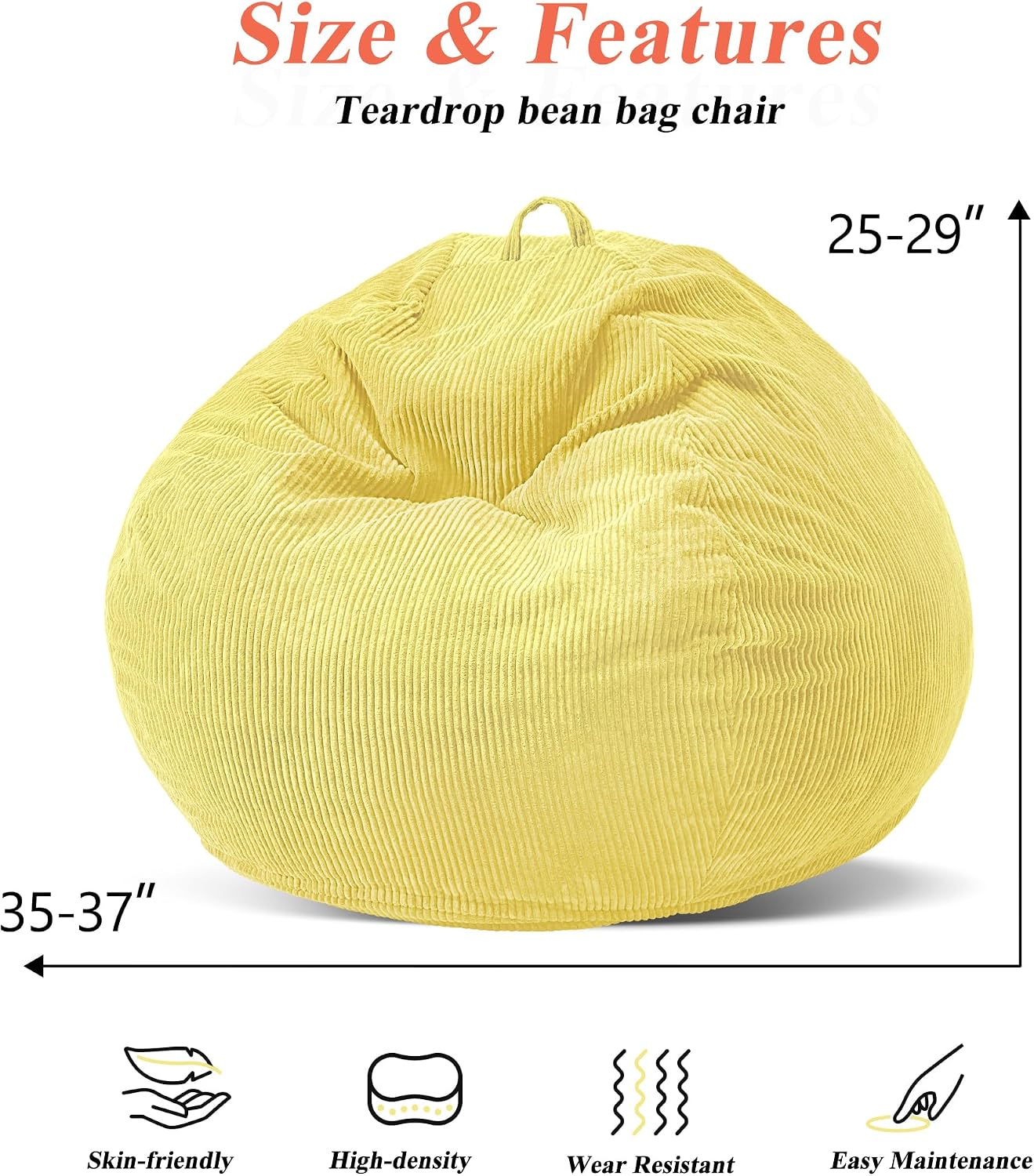 3FT Bean Bag Chairs Teardrop Bean Bag Chair for Adults Beanbag Chair with Memory Foam Filled Machine Washable Cover for Living Room, Bedroom