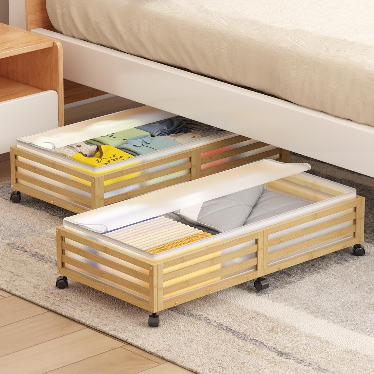 Under Bed Storage with Wheels-Large Bamboo Underbed storage Containers with Large Dust Bag Stackable Under the Bed Shoe Storage Bins for Clothes Books Bedding (2 Packs Nature, 33.07"L×16.54"W× 6.5"H)