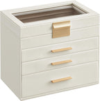 SONGMICS Jewelry Box Organizer with Glass Lid, 4-Layer Jewelry Storage, with 3 Drawers, Modern Style, Christmas Gift, 6 x 9.9 x 8.5 Inches, Cloud White and Gold Color UJBC161W01