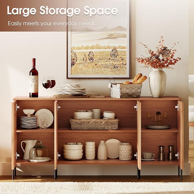 WAMPAT 61.6" TV Stand Cabinets for TVs up to 70 Inches, Entertainment Center with Storage Cabinets and 4 Doors, Mid Century Modern Media TV Console Table for Living Room Bedroom,Mocha