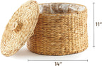 Greenatural Wicker Trash Can, 14x14x11 in Handwoven Water Hyacinth Waste Basket with Lid, Wicker Storage Bin with Natural Finish, Rustic Garbage Can for Laundry Room, Bathroom, Bedroom, Office