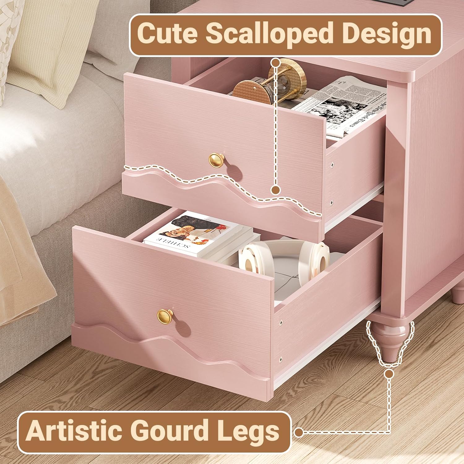 Cyclysio Nightstand with Charging Station, Side End Table with 2 Drawers, Modern Wood Night Stand with Scalloped Pattern for Bedroom, Bedside Night Tables with Solid Wood Gourd Legs