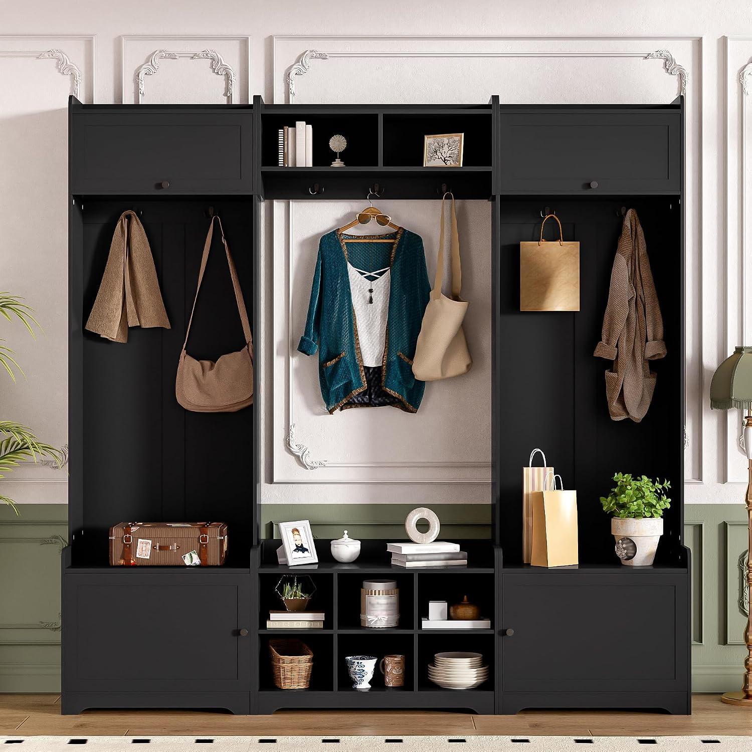 JIJIWANG 9.1''Wide Modern Hall Tree with Shoe Storage, 4-in-1 Multi-Functional Entryway Bench with 8 Cubbies, 7 Coat Hooks & Adjustable Shelf for Hallway, Living Room, Black