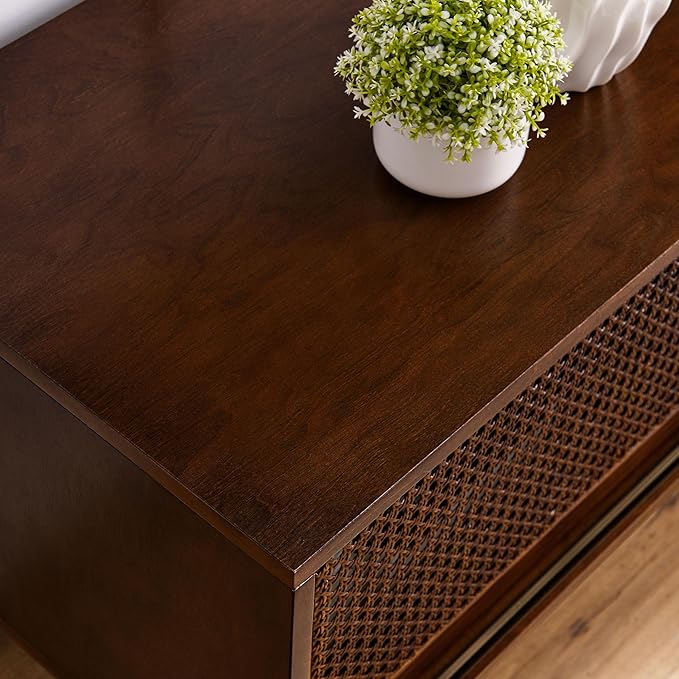 Ball & Cast 59" Mid Century Modern TV Stand for TVs up to 65", Media Console with Rattan Sliding Doors, 2 Open Shelves & Solid Wood Legs, Entertainment Center for Living Room,Bedroom,Walnut