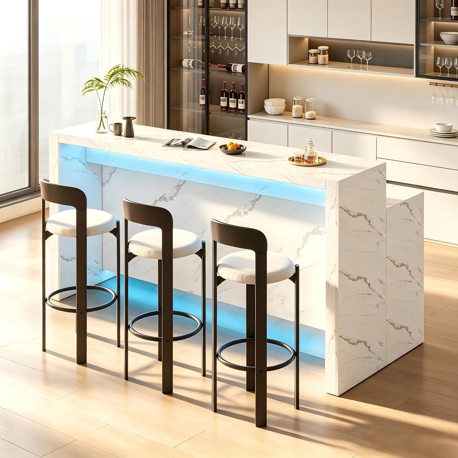 71'' Faux Marble Dining Table for 6 People, 2-Tier Tall Modern Kitchen Island with LED Lights, Rectangle Kitchen Dining Table for Home