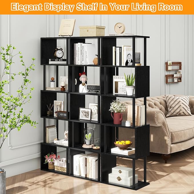 IBUYKE 6-Tier Tall Bookshelf,S-Shaped Geometric Bookcase, Wood Display Shelve...
