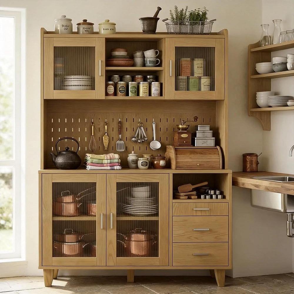 71" Tall Hutch Cabinet with LED Light & Charging Station | Kitchen S...