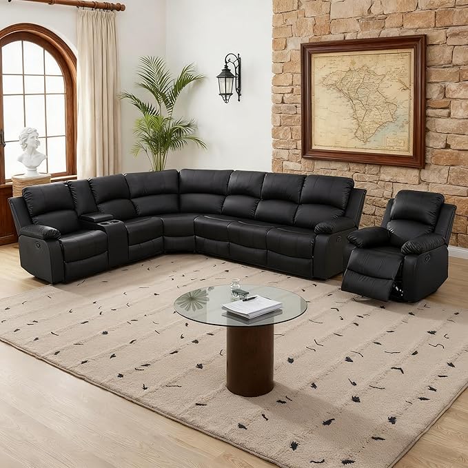 Manual Recliner Sectional Sofa Set, Bonded Leather L-Shaped Living Room Furniture Sets, Reclining Sectional Corner Couch and Recliner Chair Set for Home Office (Black, Sectional + Chair)