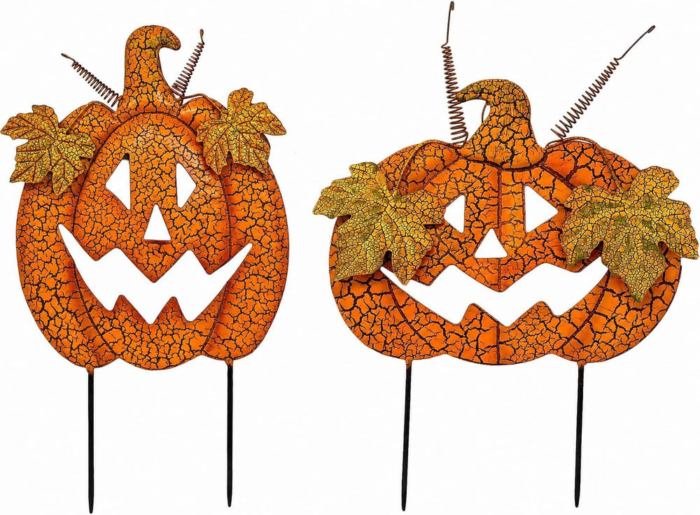 STC World S/2 Halloween Pumpkins Garden Stakes Jack O Lantern Designed Outdoo...