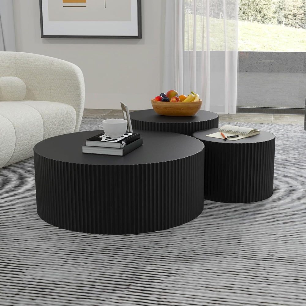 WILLIAMSPACE Black Round Coffee Table Set of 3, Modern Circle Wood Coffee Tab...