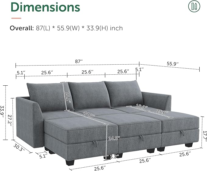 HONBAY Modular Sectional Sleeper Sofa with Storage, Convertible Modular Sectional Sofa with Reversible Chaise Sectional Couch for Living Room, Bluish Grey