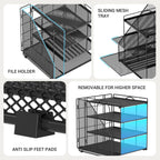 Desk Organizer, 4-Tier Metal Paper Organizer for Desk with Vertical File Holder, Office Accessories and Desktop Storage for Office Supplies (Black)