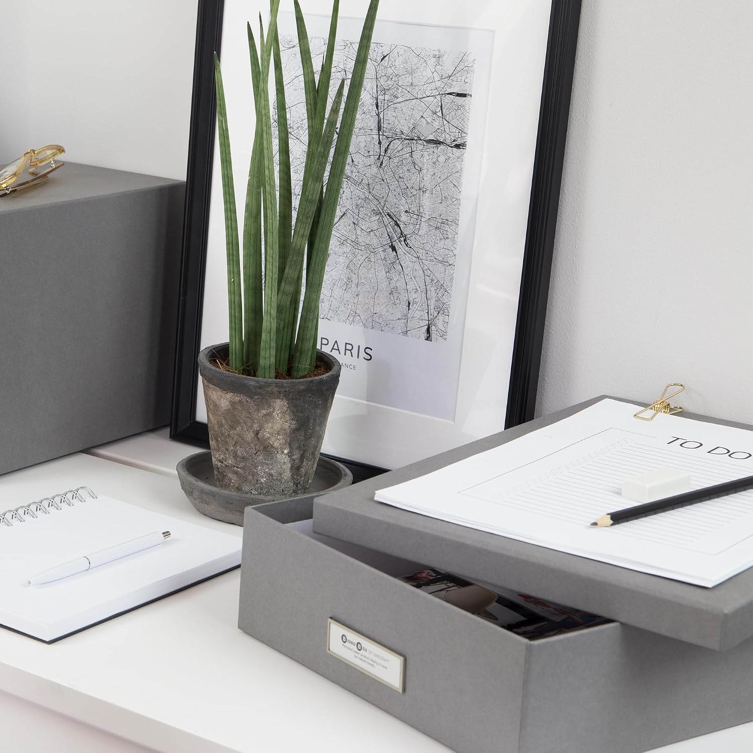 Bigso Box of Sweden Document Box for A4 paper, Brochures and Notes - Box with Lid and Handle - Fibreboard and Paper Box Storage with Lid - Grey