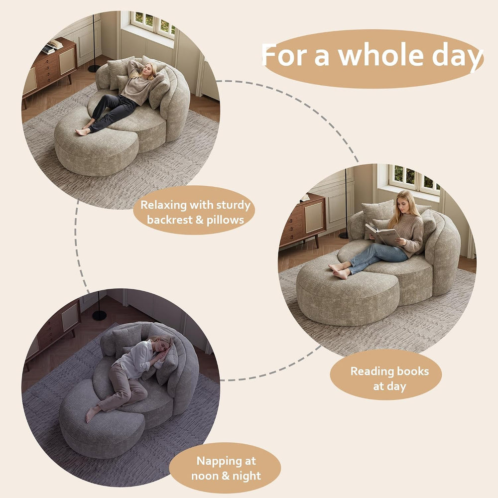53.5" Oversized Round Chaise Lounge with Ottoman, Chenille, Light Brown ...
