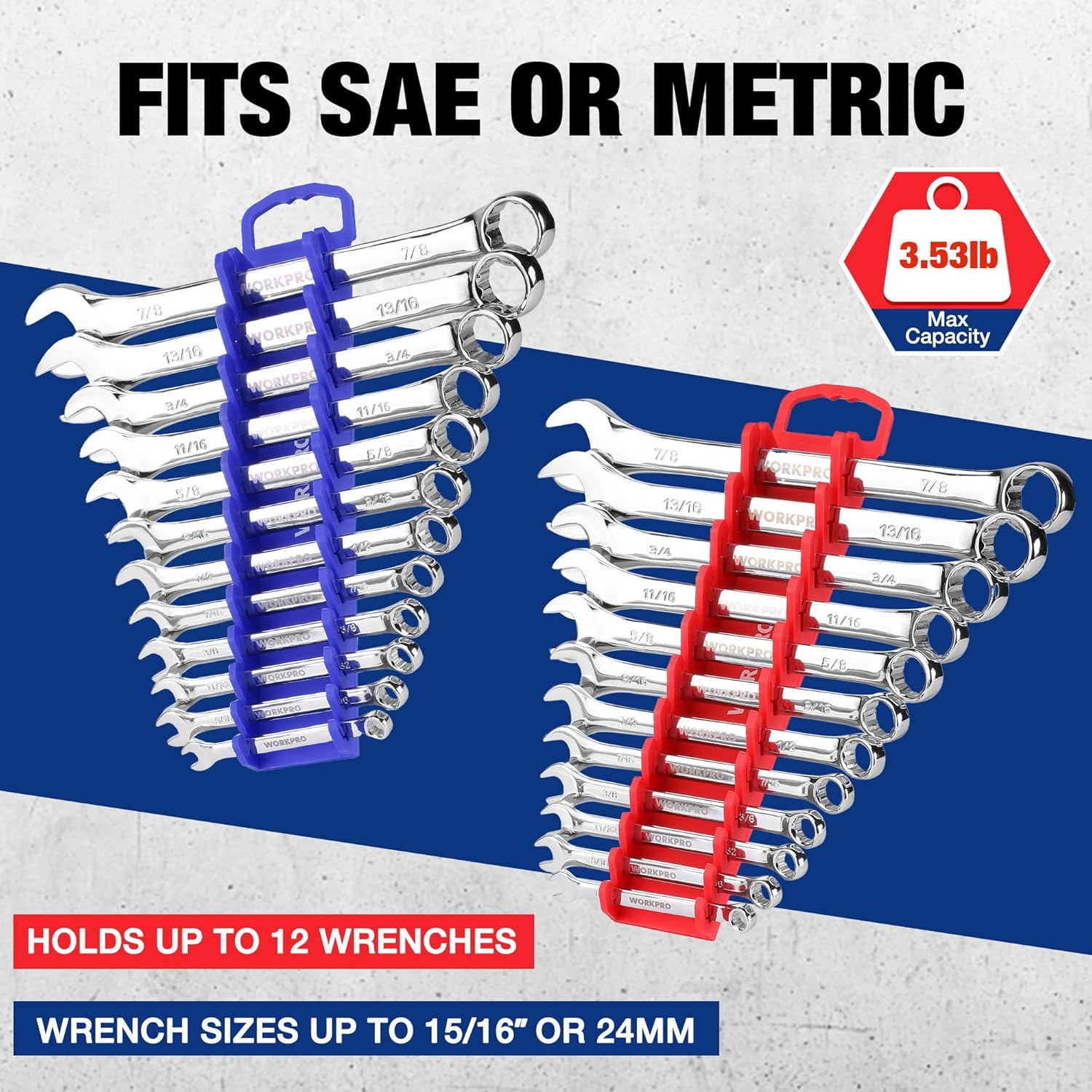 WORKPRO 2-Pack Magnetic Wrench Organizer, 12-Piece Gripper Wrench Holder for Stubby or Line Wrenches, Quality Wrench Rack Fits for SAE (1/4” to 15/16”) and Metric (6mm to 24mm), Flexible Teeth