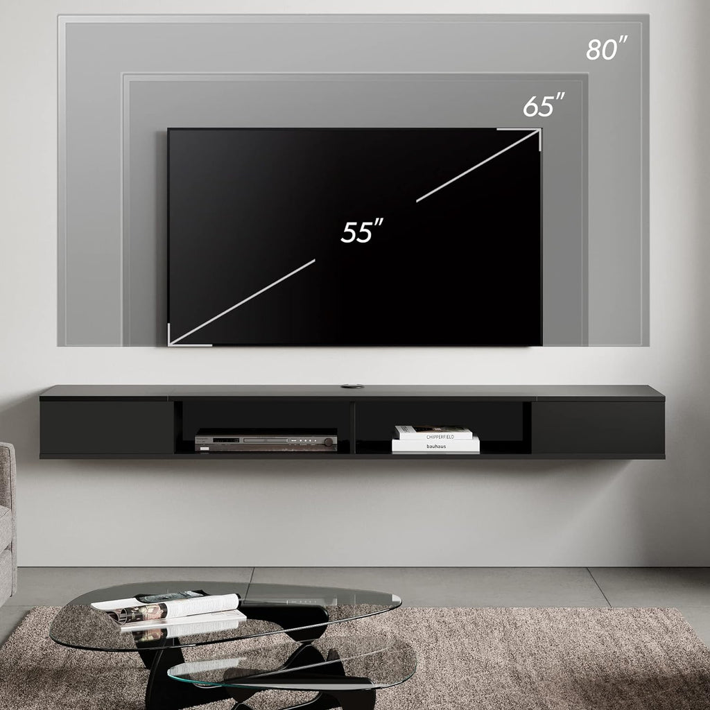 WAMPAT 70 inch Floating Entertainment Center, Black | For TVs Up to 75 inch, Open shelf Storage, Wall Shelf Under TV, Media Console, Living Room