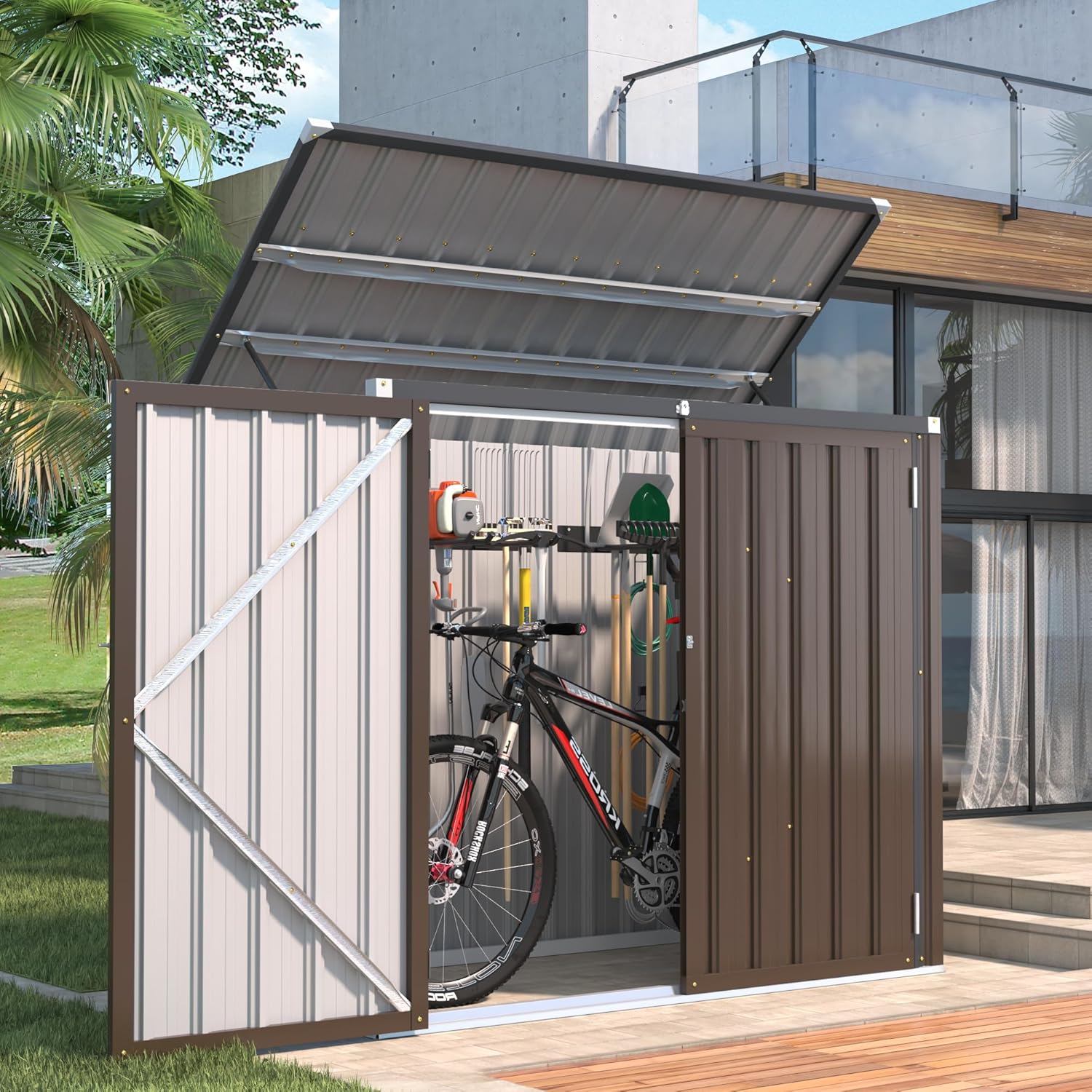 AECOJOY Outdoor Trash Can Storage, 46 Cu.Ft Outdoor Garbage Can Storage Shed, Horizontal Storage Cabinet Waterproof, Bicycle Sheds & Outdoor Storage Clearance in Brown