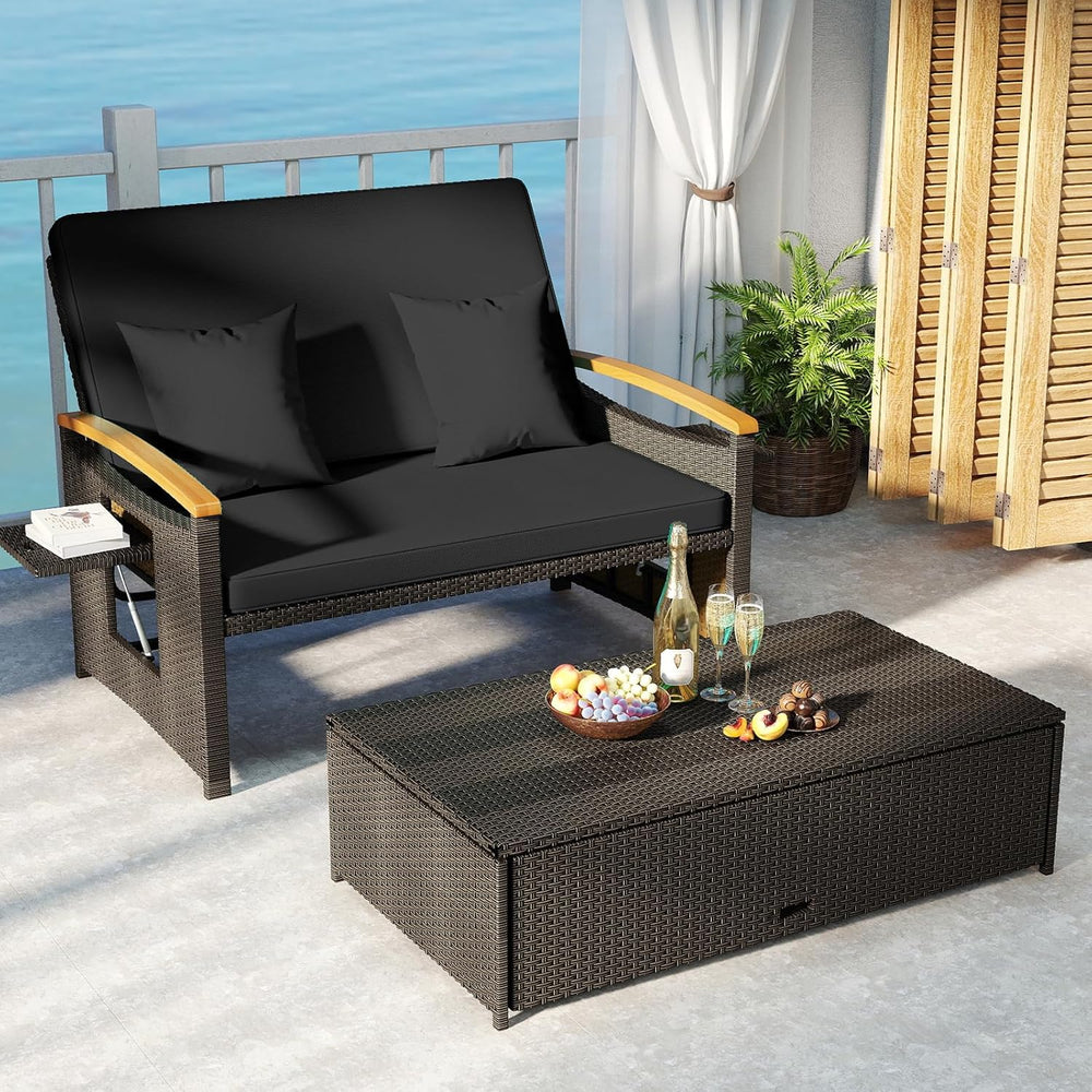 COSTWAY Patio Rattan Daybed, Outdoor Loveseat Sofa with Storage Ottoman, 4-Le...