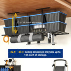 FLEXIMOUNTS 4x8 Overhead Garage Storage Rack with 6 Hooks, Adjustable Storage Organization System, Heavy-Duty Metal Ceiling Racks, 22.6" -39.4" Ceiling Dropdown, Black, Lite Series