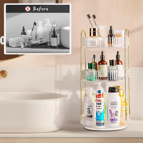 360 Rotating Makeup Organizer - Large Capacity Spinning Perfume & Cosmetic Skincare Holder for Countertop (Pearl White, 3 Tier)