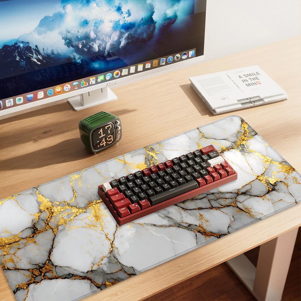 White Marble Mouse Pad – Large Extended Desk Mat 35.43 x 15.75 in – Elegant Gold Vein Design, Non-Slip Rubber Base, Waterproof Surface, Keyboard & Mouse Pad for Office, Gaming, Home Decor