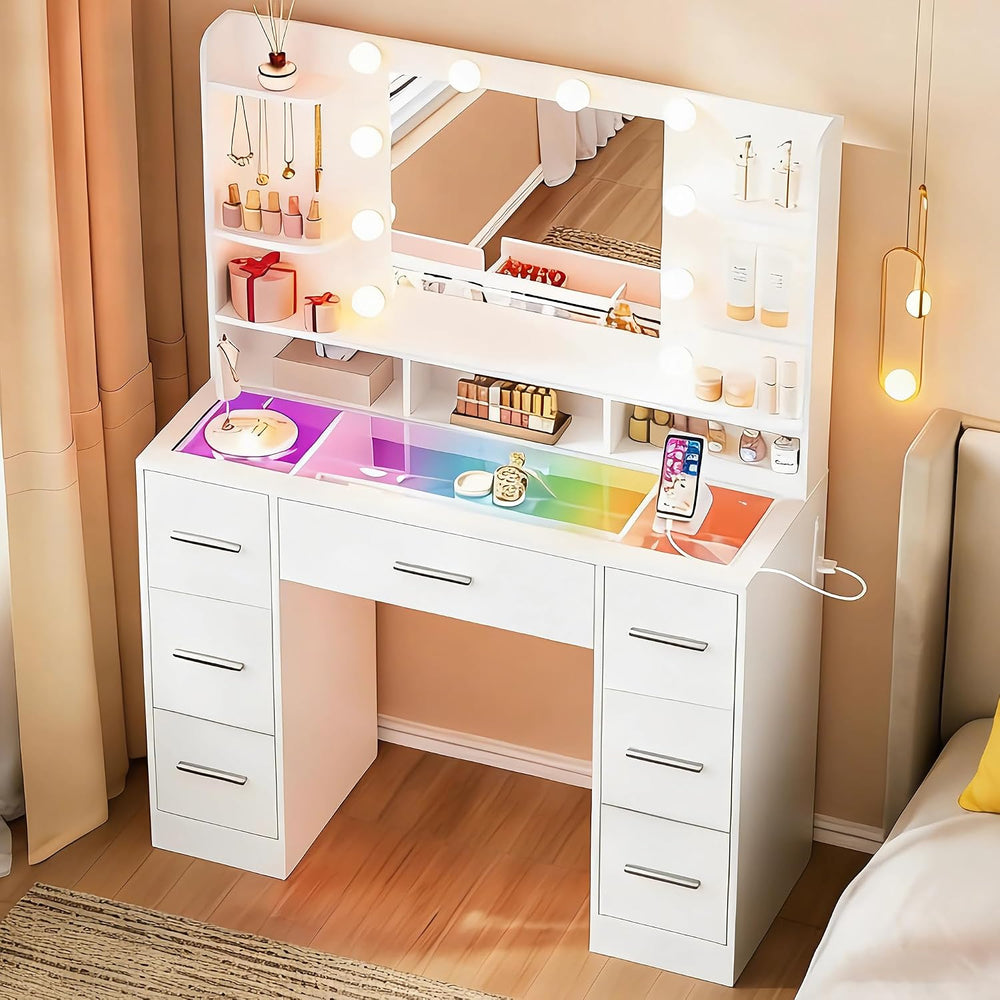 ERLEJIA Vanity Desk with Mirror and Lights, 41.34" 7-Drawer Makeup Table...