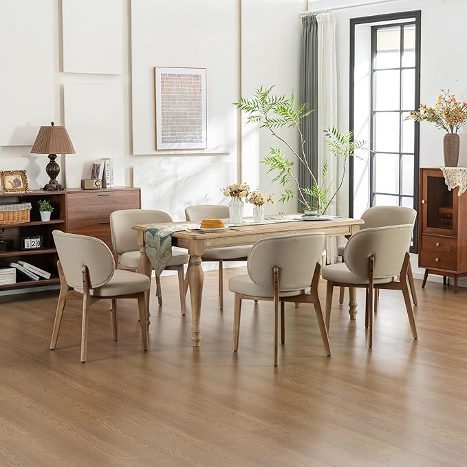 YOUNIKE Dining Chair with High Back Set of 3 Mid Century Modern Kitchen Chair Faux Leather Upholstered Armless Chair 20" Wide Padded Seat with Wooden Legs for Kitchen Dining Living Room Bedroom Khaki