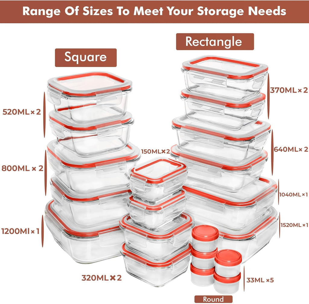 Razab 35 Pc Set Glass Food Storage Containers with Lids - Meal Prep Airtight Bento Boxes BPA-Free 100% Leak Proof (15 lids,15 glass & 5 Plastic Sauce/Dip Containers)