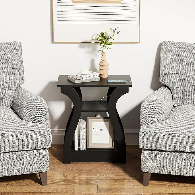 End Table with Charging Station, Side Table with USB Ports and Outlets, Night...