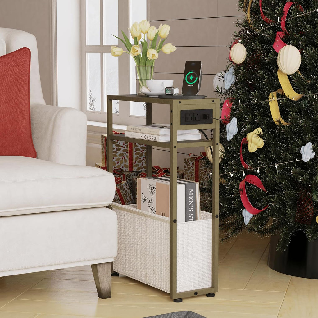 Leomonio Green Side Table with Charging Station, Slim End Tables with Linen Basket, Skinny Table for Small Spaces, Thin Bedside Table for Living Room, Bedroom