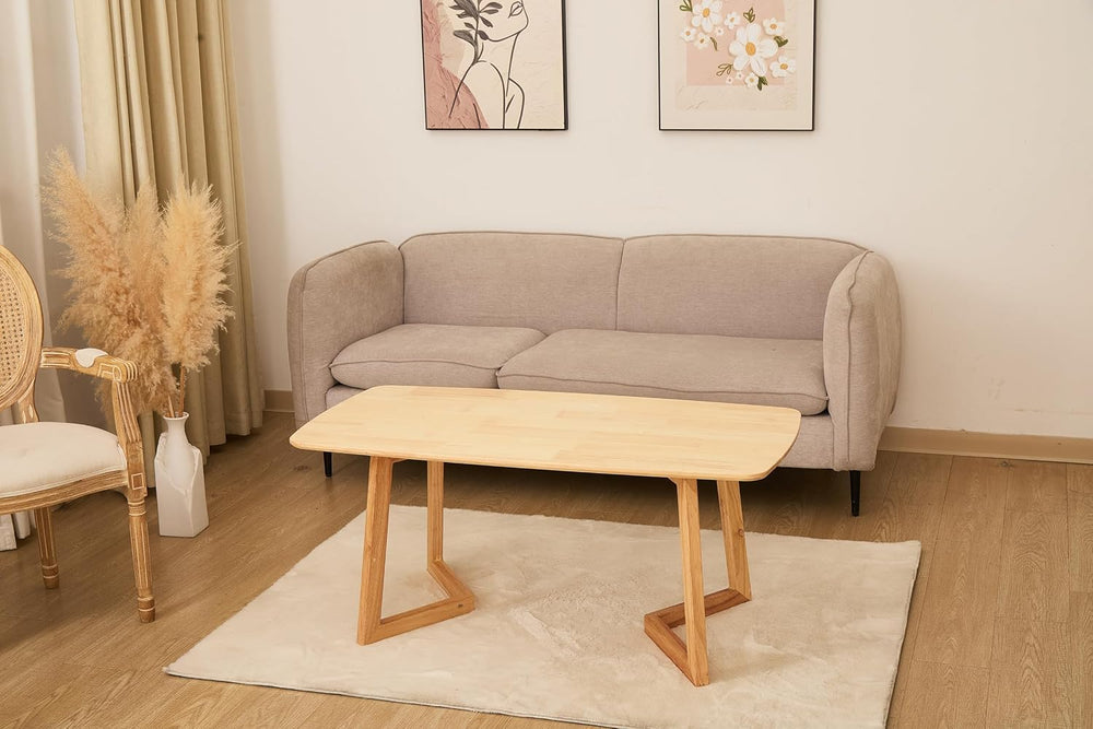 Mid-Century Modern Rectangular Coffee Table, Solid Wood Small Coffee Table wi...