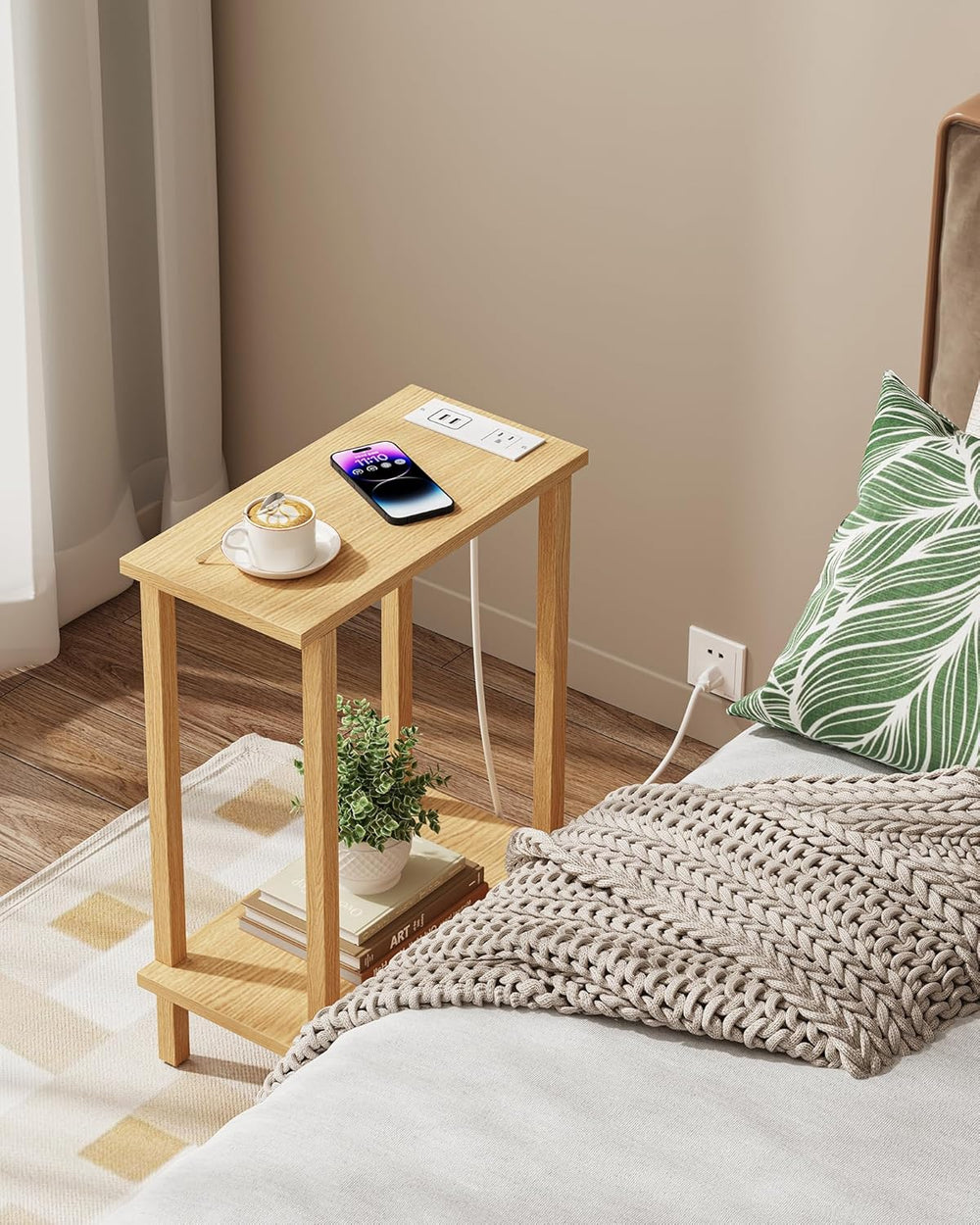 TUTOTAK Small End Table with Charging Station, Narrow Side Table with USB Por...