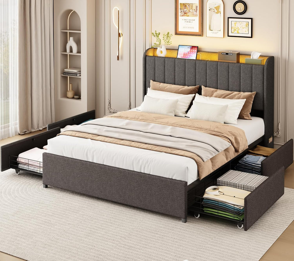 Queen Bed Frame with 4 Storage Drawers, LED Bed Frame with Charging Station, ...