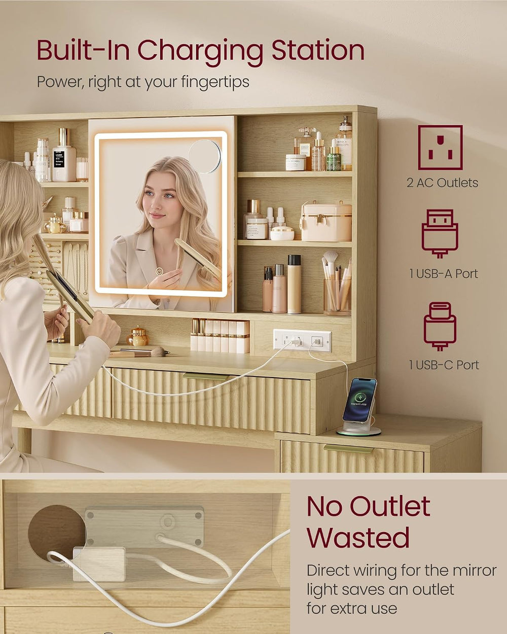 VASAGLE Fluted Vanity Desk with Sliding Mirror and Lights, 5 Drawers | Contem...