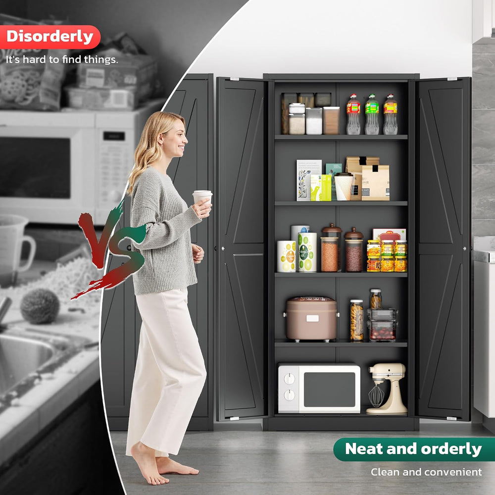 Greenvelly 63" H Black Farmhouse Metal Pantry Cabinet, Kitchen Pantry St...