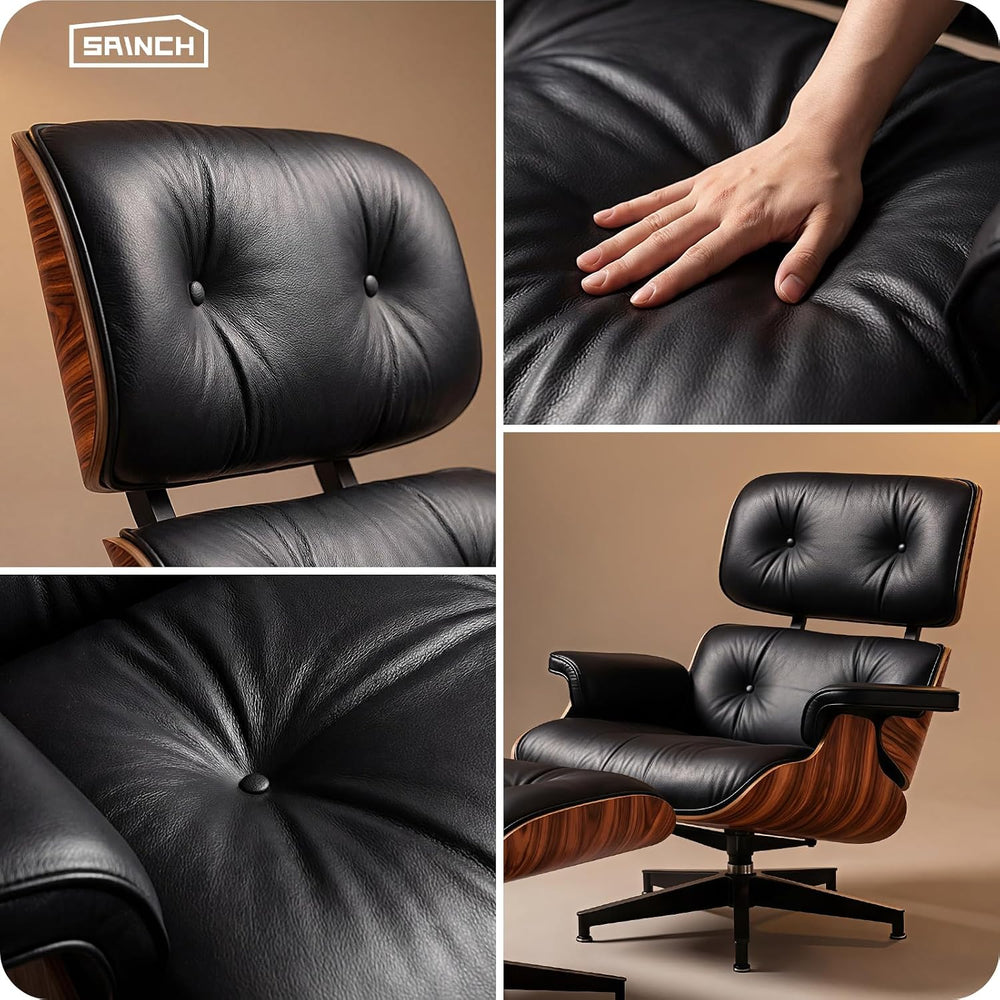 Mid Century Modern Top Grain Leather Chaise Lounge Chair & Ottoman