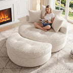 Oversized Round Chaise Lounge Chair, Deep Seat Cloud Boneless Floor Sofa Couch, Upholstered Corduroy Sleeper with 3 Pillows & Optional Ottoman, No Assembly Modern Lazy Floor Lounger for Living Room