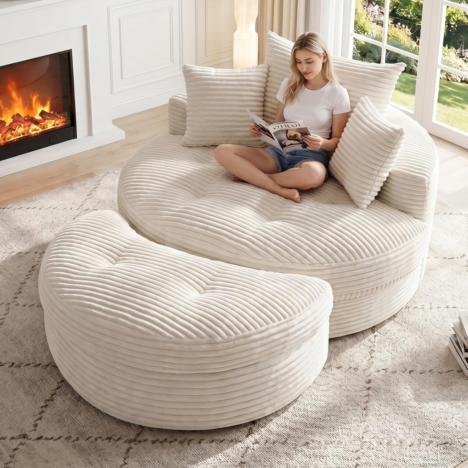 Oversized Round Chaise Lounge Chair, Deep Seat Cloud Boneless Floor Sofa Couch, Upholstered Corduroy Sleeper with 3 Pillows & Optional Ottoman, No Assembly Modern Lazy Floor Lounger for Living Room