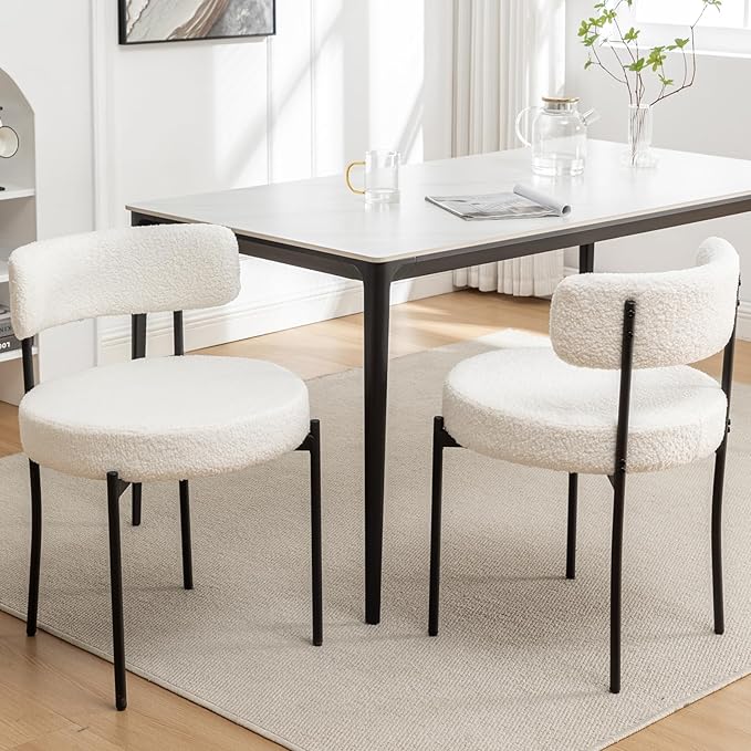 Boucle Dining Chairs Set of 2, Mid Century Modern Dining Room Chairs with Met...