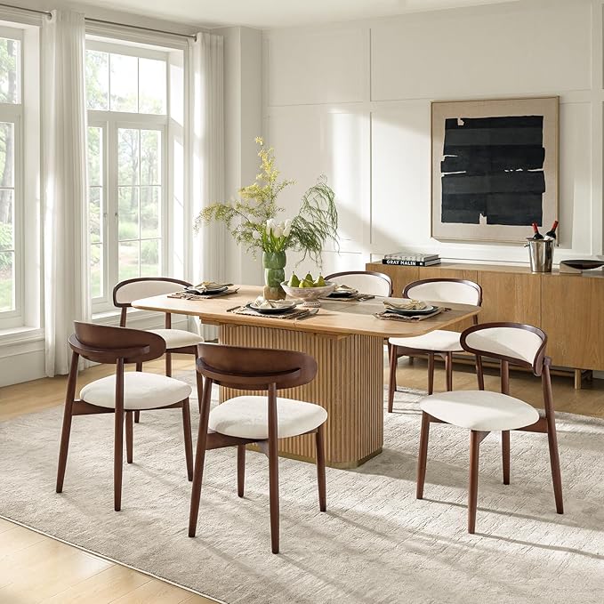HULALA HOME Dining Chairs Set of 6 Mid-Century Modern Fabric Upholstered Dining Room Chairs Kitchen Side Chair with Open Curved Back, Walnut Rubber Wood Legs, Dinner Chairs for Living Room, Beige